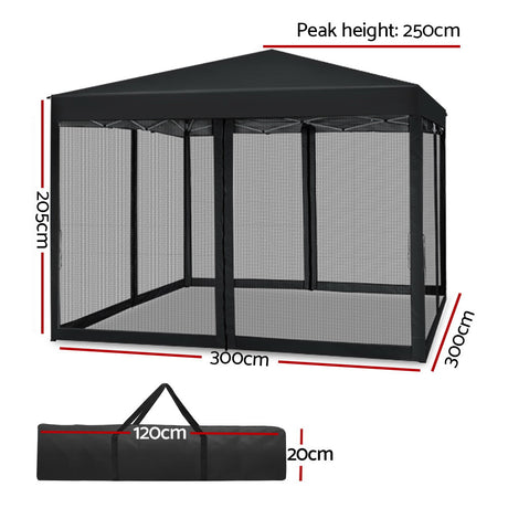 Front view of the black gazebo showing a zipped mesh entrance