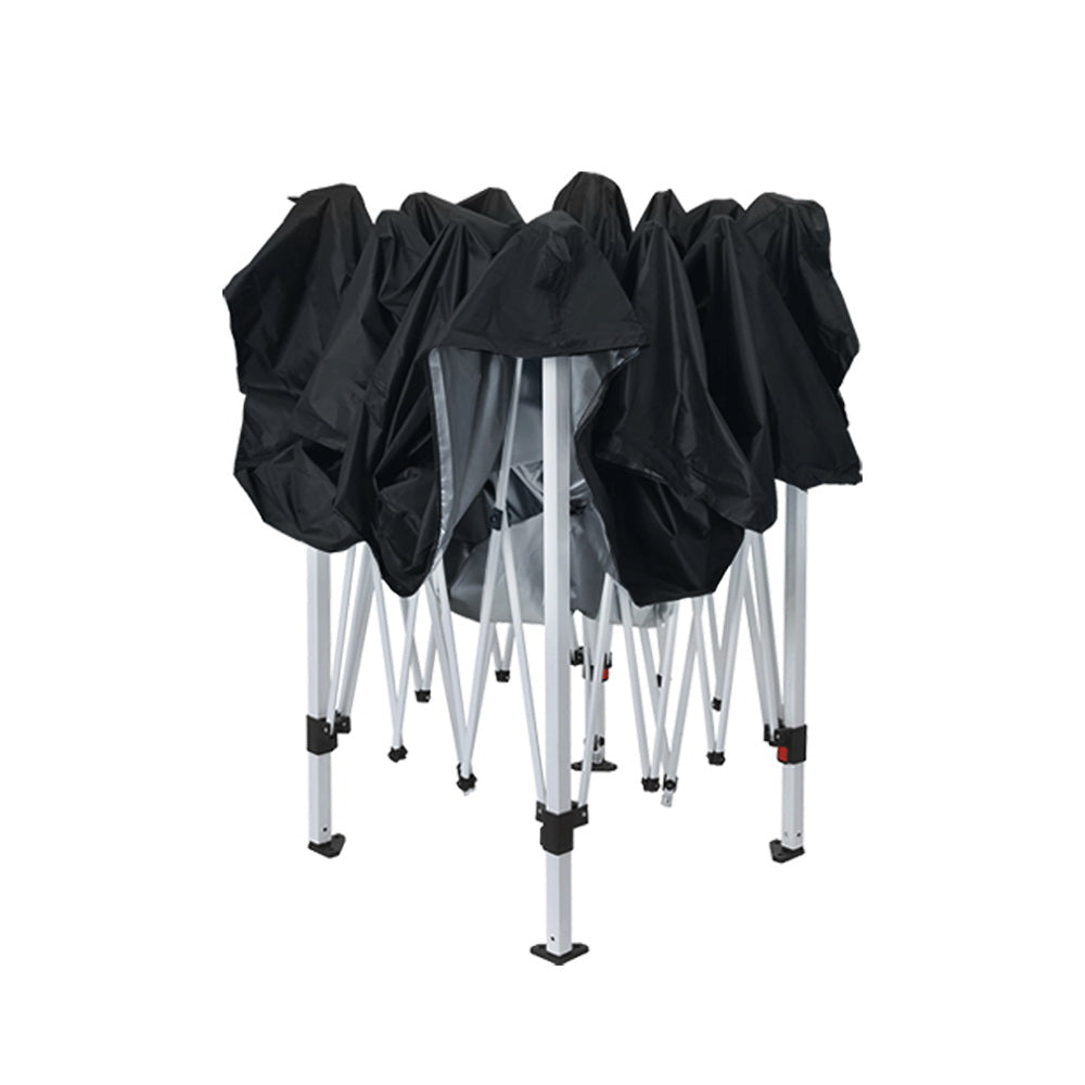 Angled view of the mesh walled gazebo showing the steel frame and legs