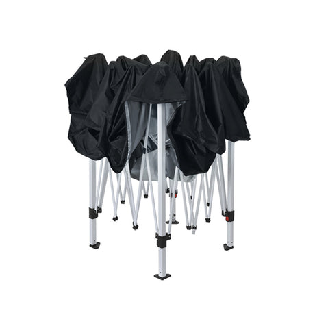 Angled view of the mesh walled gazebo showing the steel frame and legs