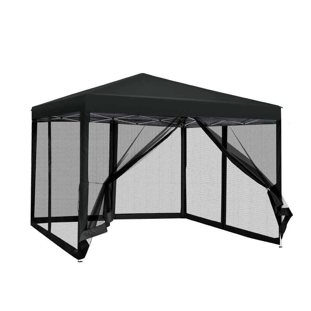 Black mesh walled gazebo shown fully enclosed as an outdoor shelter