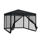 Black mesh walled gazebo shown fully enclosed as an outdoor shelter