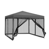 Grey 3 x 3 m marquee party tent with mesh walls shown from the front corner