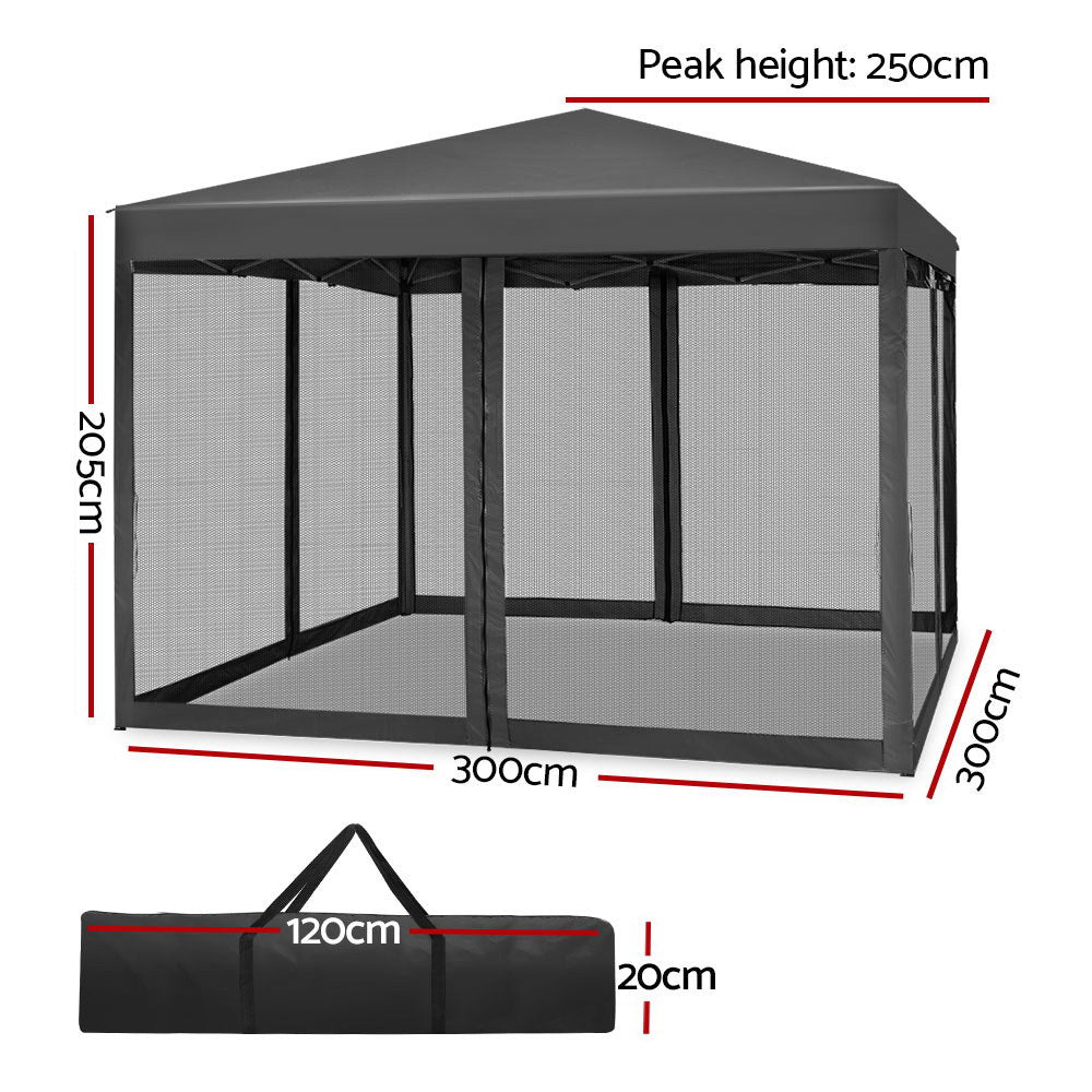 Grey pop up gazebo with open sides showing the steel frame and peaked canopy roof