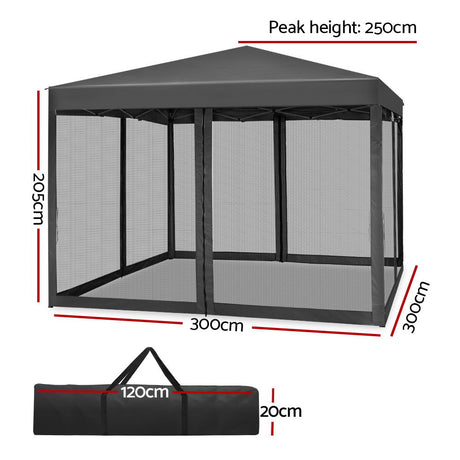 Grey pop up gazebo with open sides showing the steel frame and peaked canopy roof