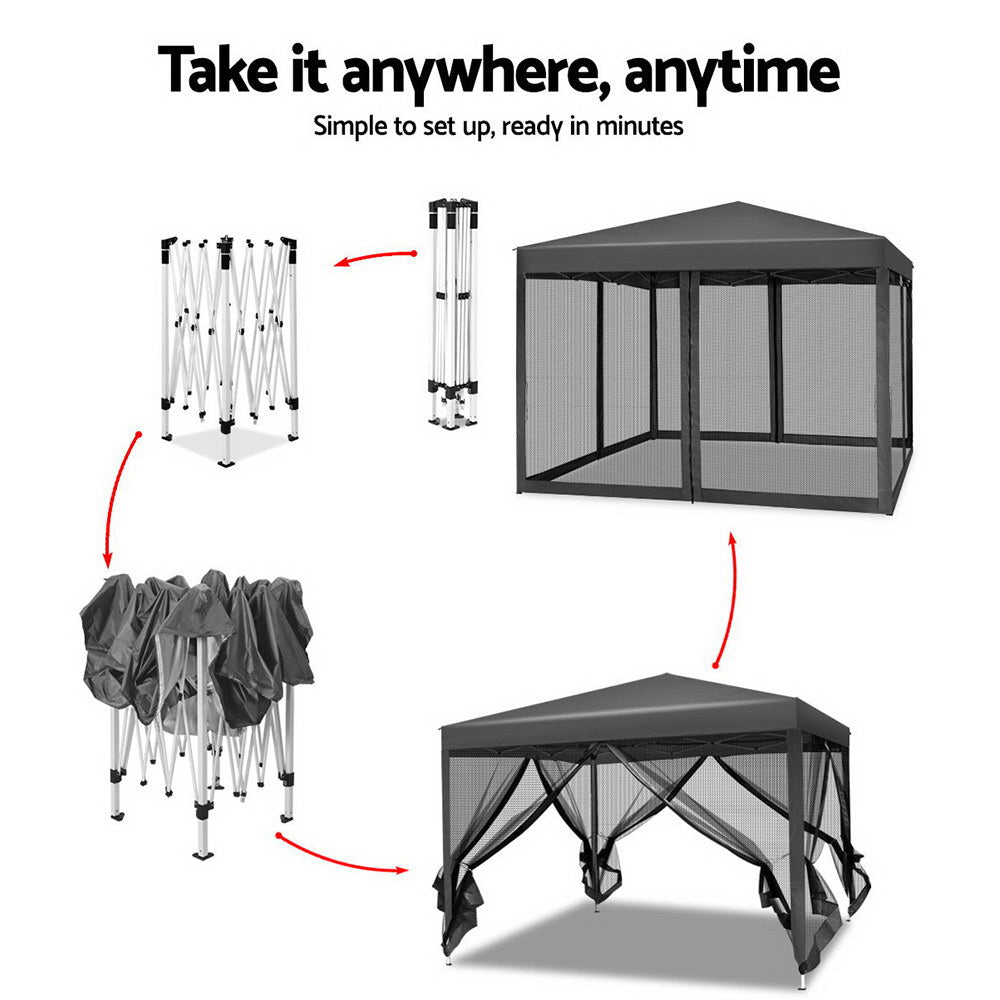 Detail of the powder coated steel leg with height adjustment button on the gazebo frame