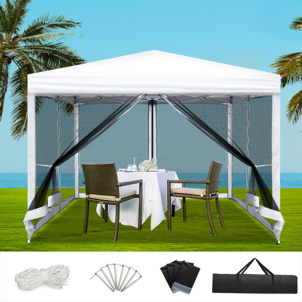 White 3 x 3 m pop up gazebo set up outdoors with all four mesh walls zipped closed
