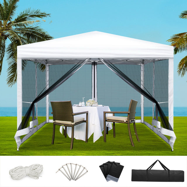 White 3 x 3 m pop up gazebo set up outdoors with all four mesh walls zipped closed
