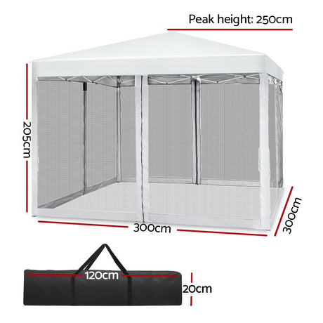 White pop up marquee with open sides showing the steel frame and peaked canopy