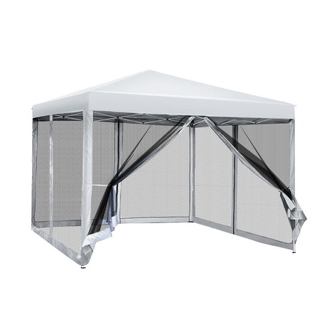 White 3 x 3 m marquee party tent with mesh walls viewed from the front corner