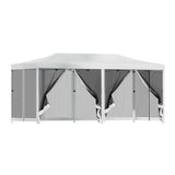 Folded gazebo frame packed into its black carry bag with pegs and ropes