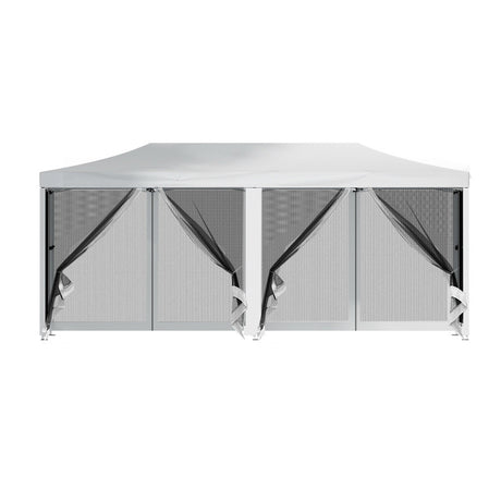 Close up of the zipped mesh side wall panel on the white 3 x 6 m gazebo