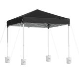 Black 2 x 2 m pop up gazebo with four white base pods on the legs