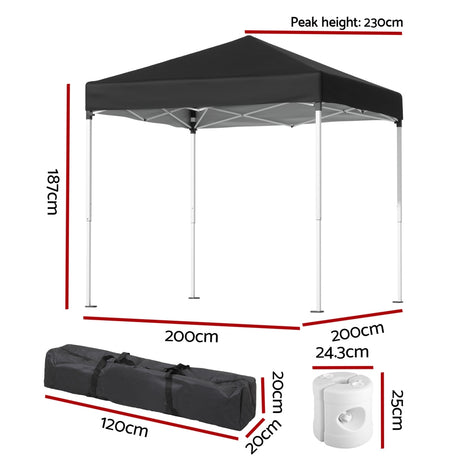Side view of the black folding marquee tent with base pods fitted