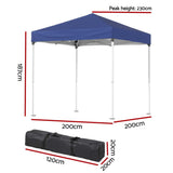 Side view of the blue folding marquee tent with steel legs