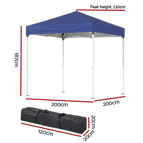 Side view of the blue folding marquee tent with steel legs