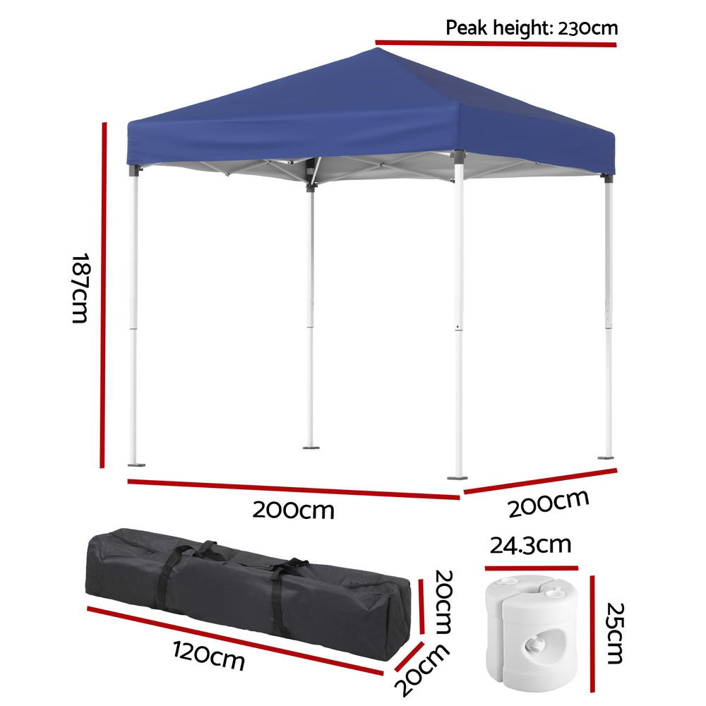 Side view of the blue folding marquee tent with base pods