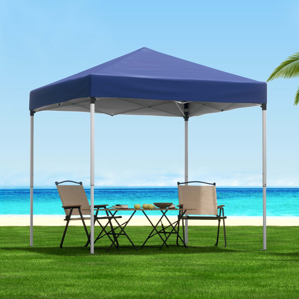 Blue 2 x 2 m pop up gazebo with four white base pods fitted to the legs