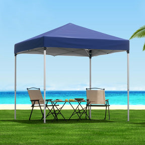 Blue 2 x 2 m pop up gazebo with four white base pods fitted to the legs