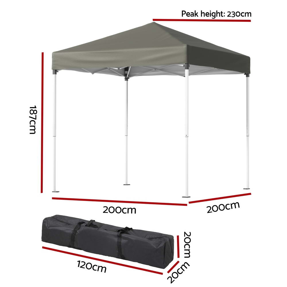 Side view of the grey folding marquee tent with steel legs