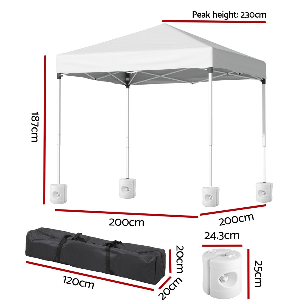 Side view of the white folding marquee tent with base pods fitted