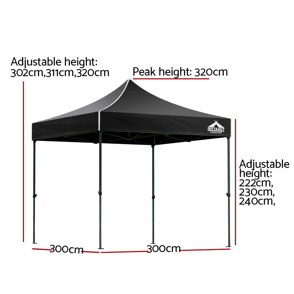 Front view of the black pop up gazebo canopy and steel legs