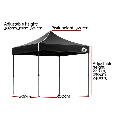 Front view of the black pop up gazebo canopy and steel legs