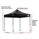 Angled view of the black gazebo showing the powder coated steel frame and legs