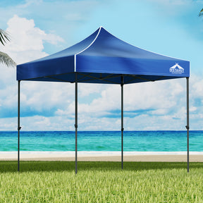 Blue 3 x 3 m pop up gazebo set up outdoors with open sides