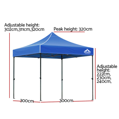Front view of the blue pop up gazebo canopy and steel legs