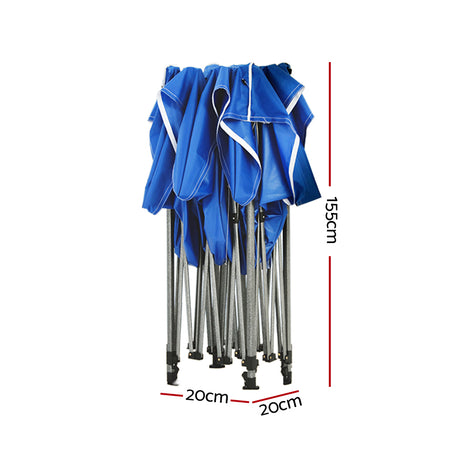 Angled view of the blue gazebo showing the cross bar steel frame