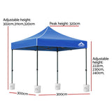 Angled view of the blue gazebo showing the powder coated steel frame and legs