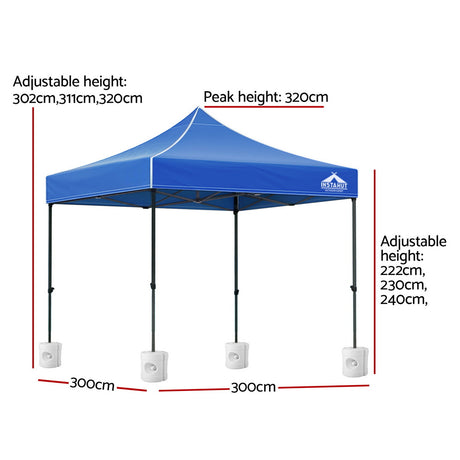 Angled view of the blue gazebo showing the powder coated steel frame and legs