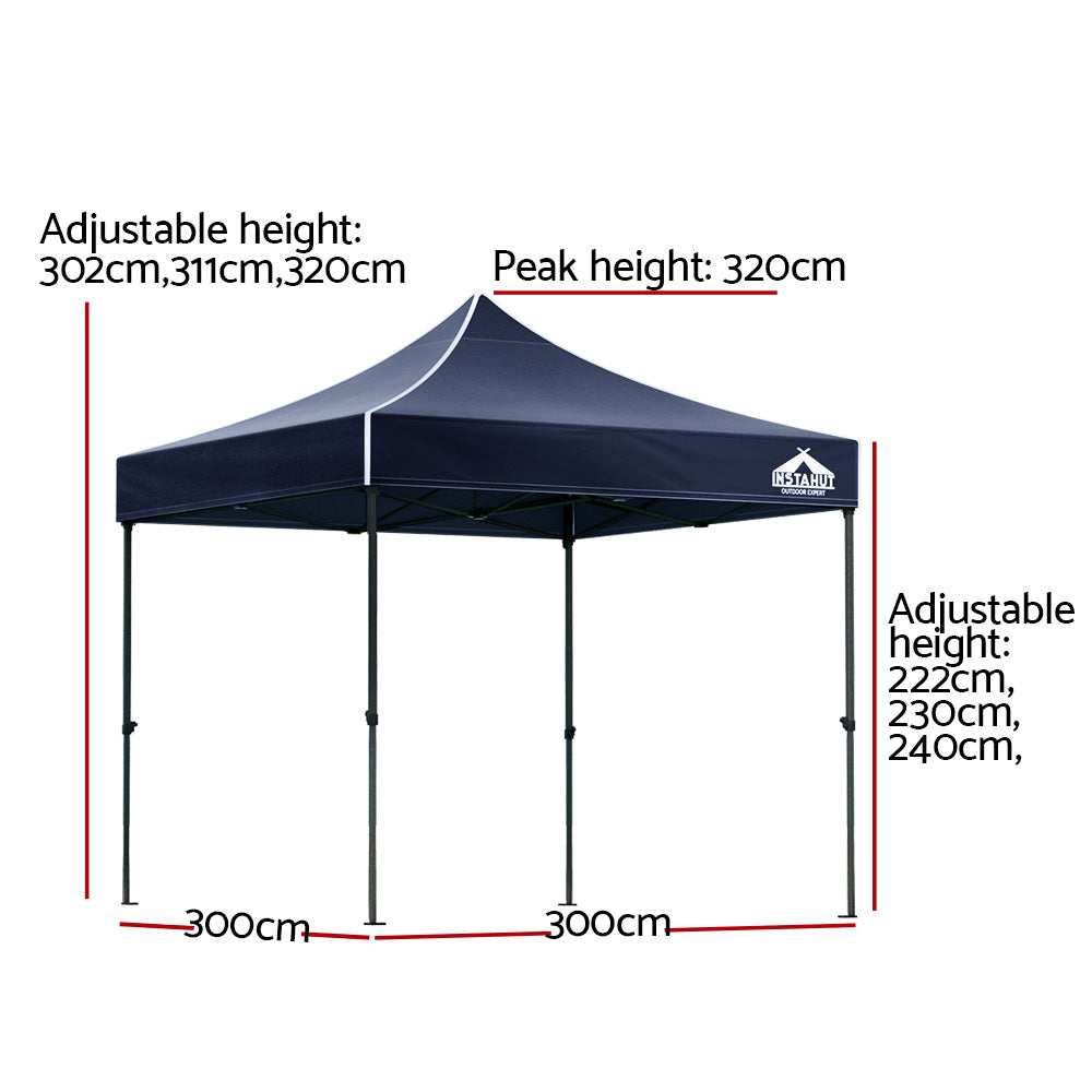 Front view of the navy pop up gazebo canopy and steel legs
