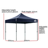 Front view of the navy pop up gazebo canopy and steel legs