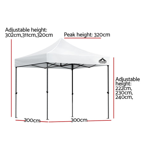 Front view of the white pop up gazebo canopy and steel legs