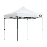 White pop up gazebo shown providing shade at an outdoor event
