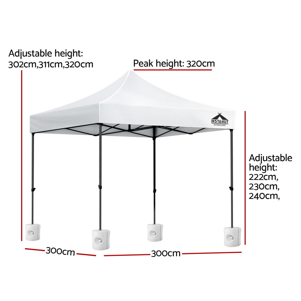 Angled view of the white gazebo showing the powder coated steel frame and legs