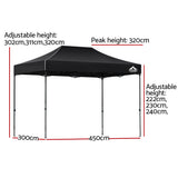 Side view of the black folding marquee tent and its peaked Oxford fabric canopy