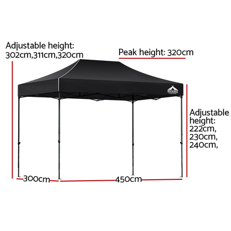 Side view of the black folding marquee tent and its peaked Oxford fabric canopy