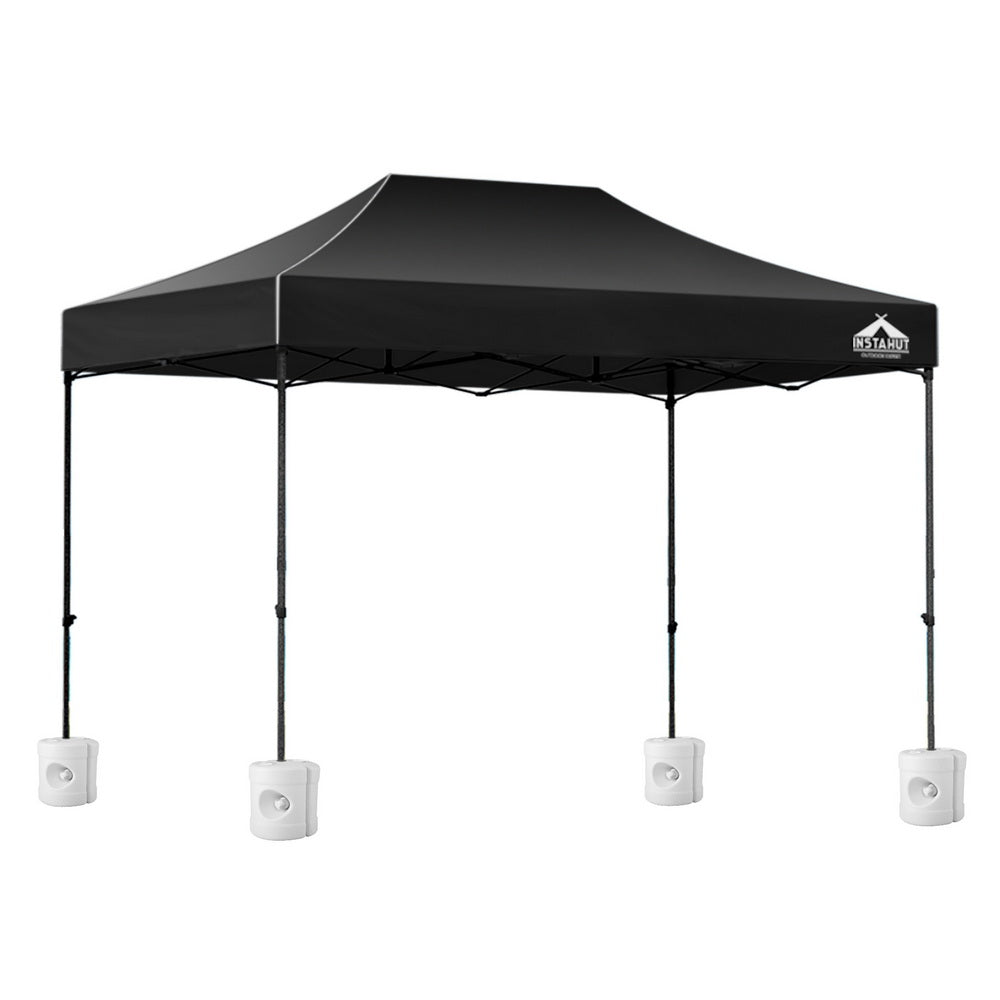 Black folding marquee tent shown from the side with its peaked 500D Oxford canopy