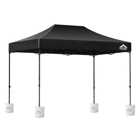 Black folding marquee tent shown from the side with its peaked 500D Oxford canopy