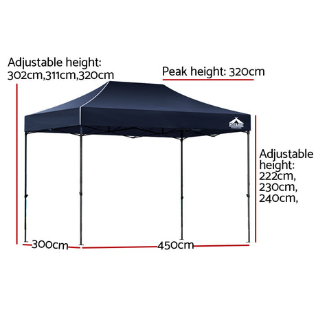 Side view of the navy folding marquee tent and its peaked Oxford fabric canopy
