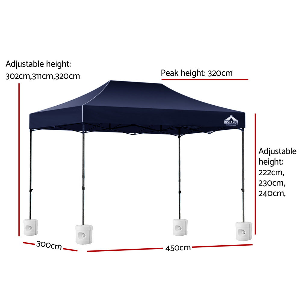 Angled view of the navy gazebo showing the powder coated steel frame and legs