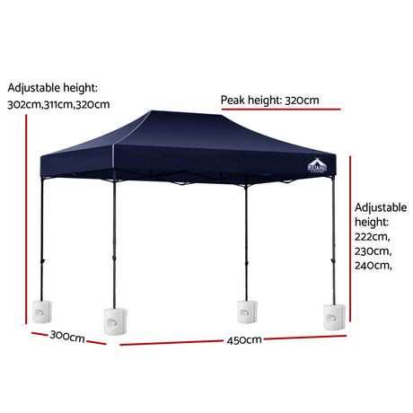 Angled view of the navy gazebo showing the powder coated steel frame and legs