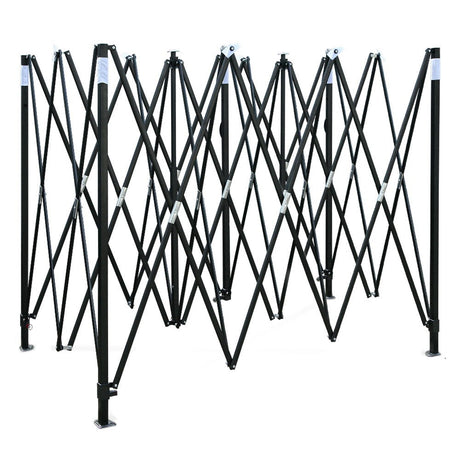 Cross bar steel frame and roof beams seen from underneath the white gazebo