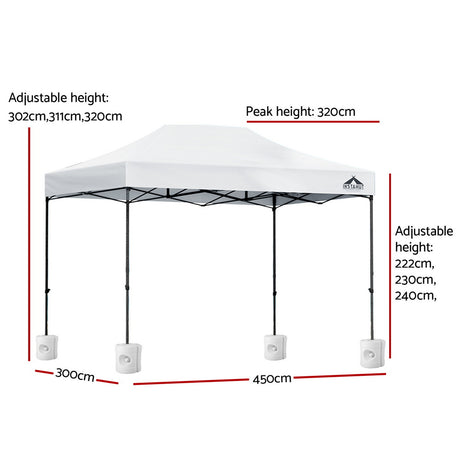 Angled view of the white gazebo showing the powder coated steel frame and legs