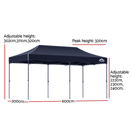 Long navy folding marquee tent shown from the side with its peaked canopy