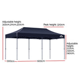 Front view of the long navy gazebo canopy spanning six metres
