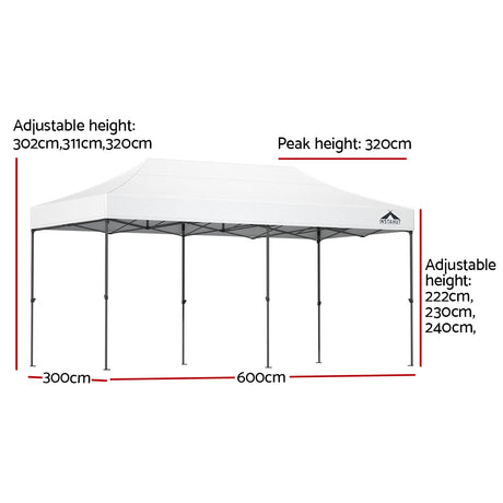 Long white folding marquee tent shown from the side with its peaked canopy