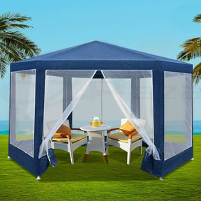 Navy hexagonal gazebo with mesh walls set up outdoors for a party